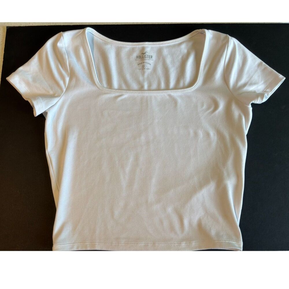 Hollister Sz Medium Baby Tee White Cropped Square Neck Short Sleeve Soft Retro - Picture 7 of 9